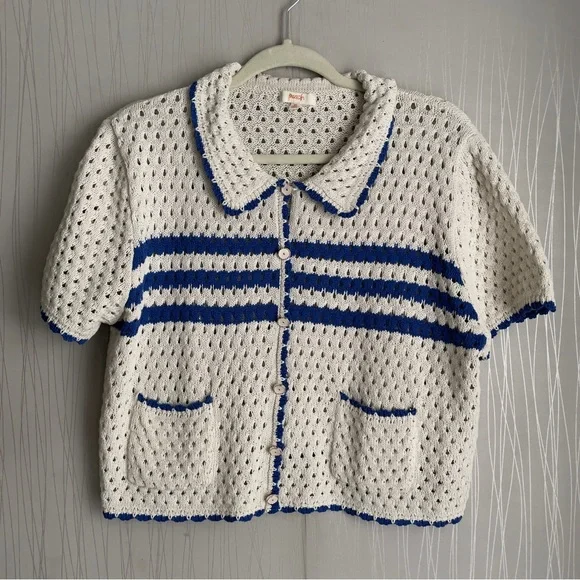 Peach Love Cream Blue Crochet Knit Cardigan Top Juniors XL Coastal Cottagecore - Picture 2 of 8